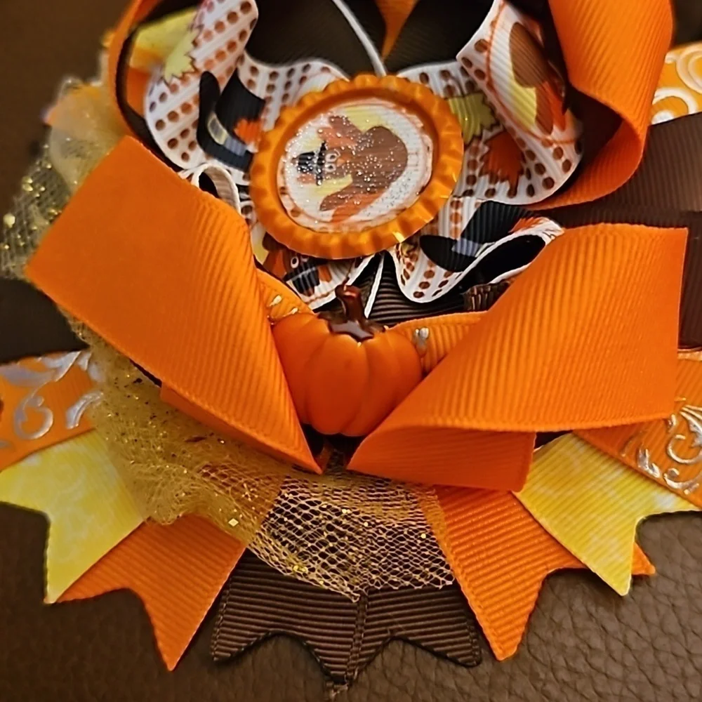 Large Turkey Thanksgiving Fall Round Ribbon Hair Bow